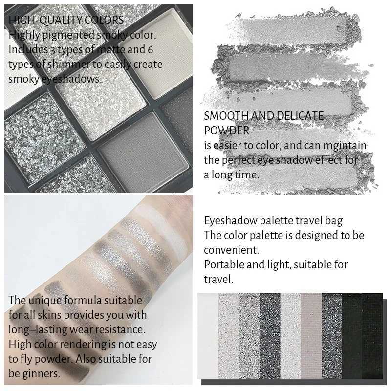 9-color smoked matte glitter eye shadow palette with eyeliner punk shimmer eye shadow cosmetics dark gray cold tone W241213