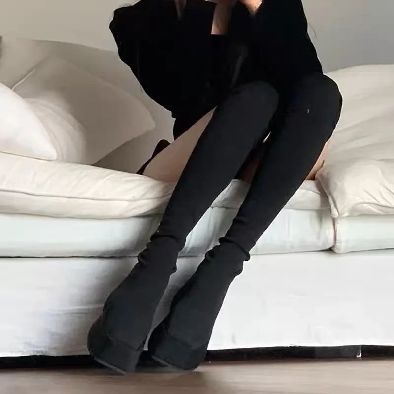 Autumn Winter Womens Over The Knee Sock Boots Stretch Knitted Thick Heels Long Boots Woman Slip on Platform Shoes 241213