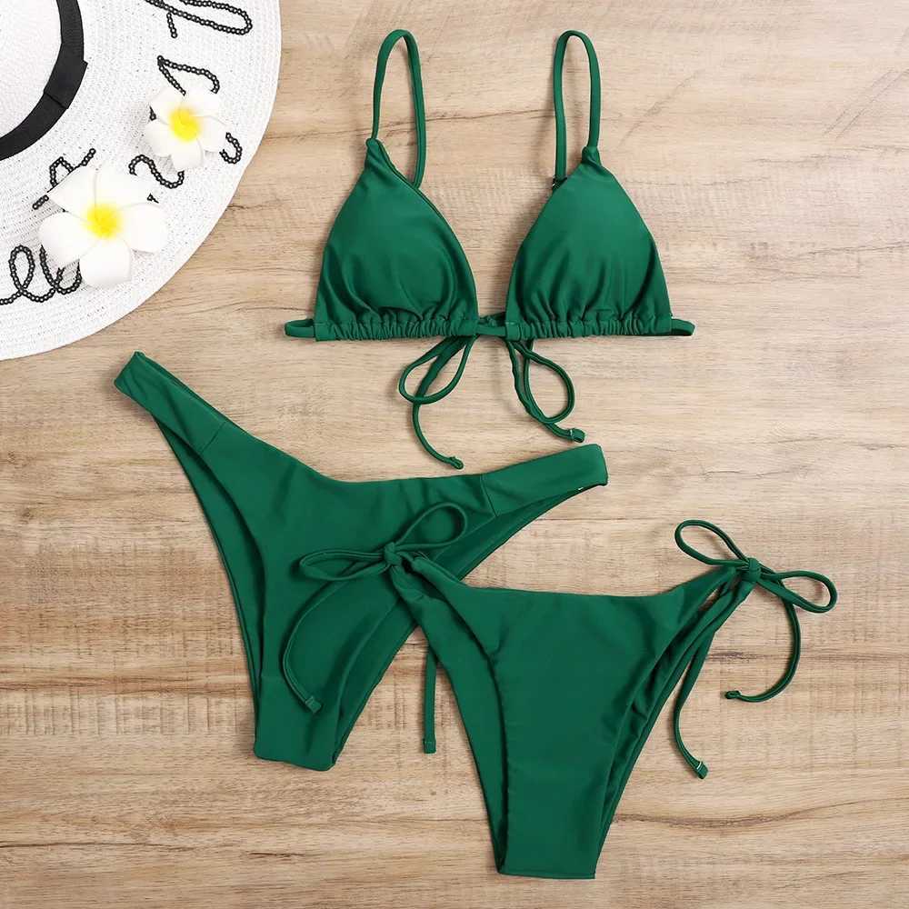 Sexy 3 Piece Bikini Set Women Solid Blue Purp Push Up Bandage Triang Swimsuit Brazilian Beach Bathing Suit Swumwear BiquiniXJ241212