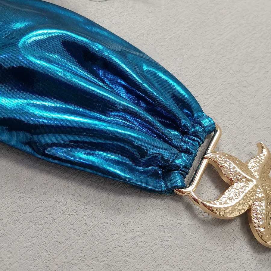 2024 G Blue Glossy Bikini Womens Clothing Swimsuit Summer Beach Vacation Outfits Thong Bathing Suit Bandeau ss SwimwearXJ241212