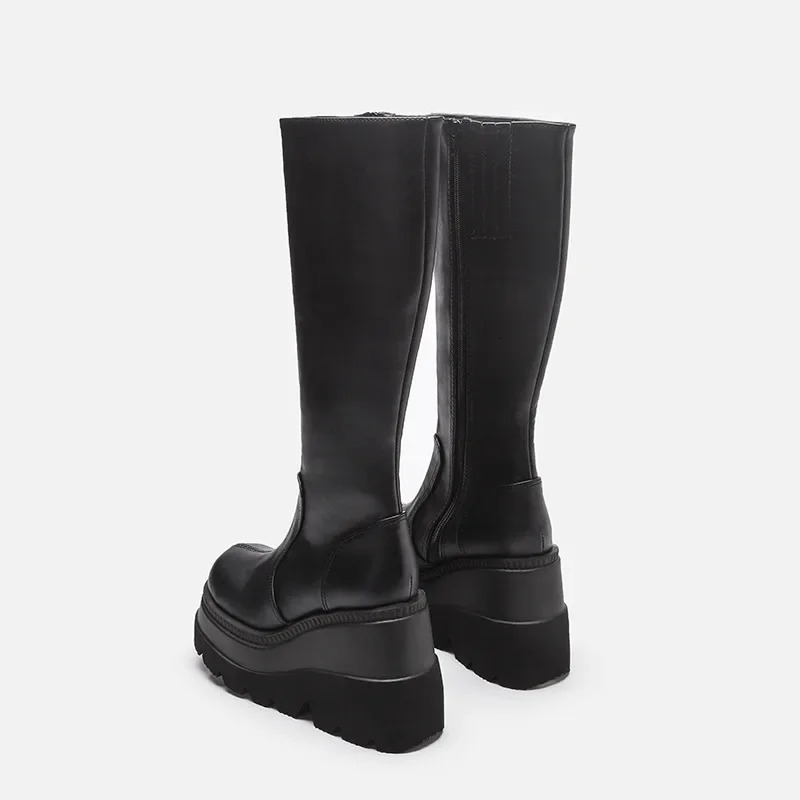 Fashion wedge heel mid tube boots for women Gothic thick soled motorcycle riding boots ultra-thin high platform denim boots 241213