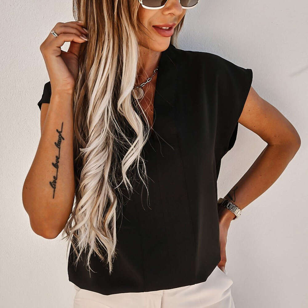 Spring Summer New European American Solid Color V-Neck Short Sleeved T-Shirt Top, Foreign Trade Women's Fashion Trend Clothing, Fashionable And C