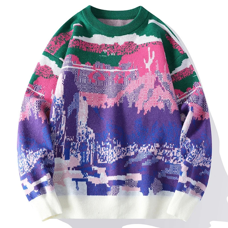 Winter Knitted Sweater Men Women Print Graffiti Knitwear Japanese Crewneck Jumper Couple Pullover Male Youth Geometirc 241213