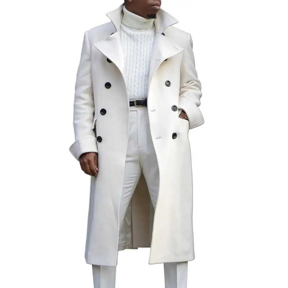 Lapel Men Coat Men Long Windbreaker Coat Stylish Mens Double-breasted Trench Coat Mid Length Windproof Thick Versatile for FallXJ241212