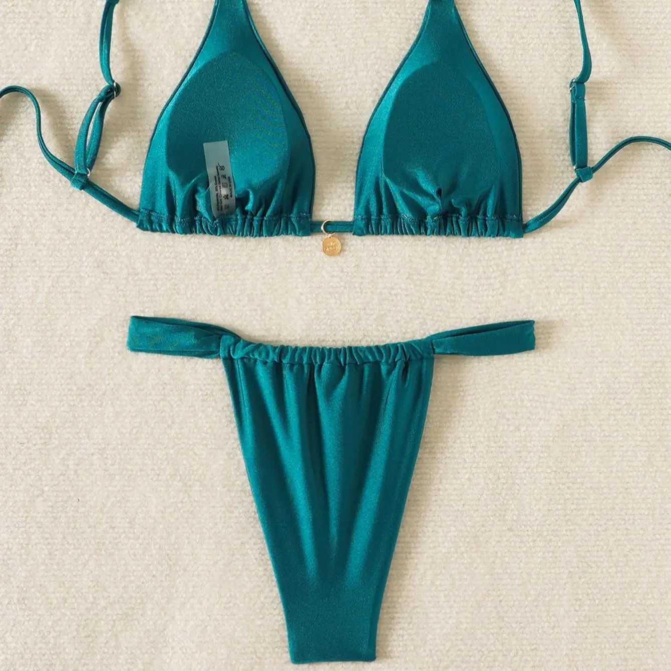 Green Drawstring Bikini Set Tie Straps Tong Triang Pad Bra Sexy Swimming Suit Fa Strip SwimwearXJ241212