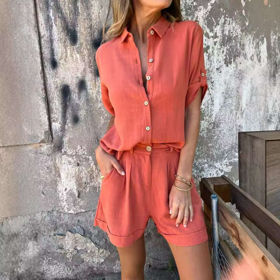 European And American New Casual Fashion Solid Color Short Sleeved Lapel Multi Button Top Slim Fit Shorts Two-Piece Set Fashionable Quality Classic