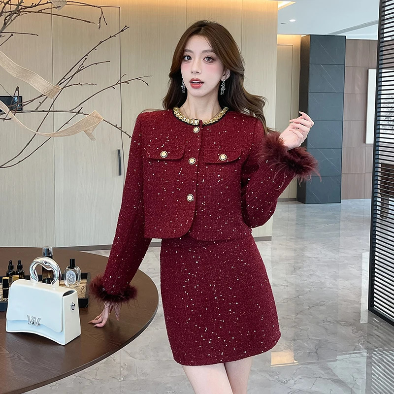High quality French retro coarse woolen twopiece set womens jacket jacketski suit autumnwinter Christmas 2piece 241211