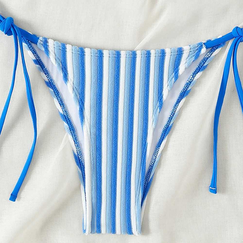 9 Colors New Towel Cloth Halter Neck Tie Up Striped Bikini Swimsuit For Women Summer Beach Vacation Low Waisted Swimwear 2024XJ241212