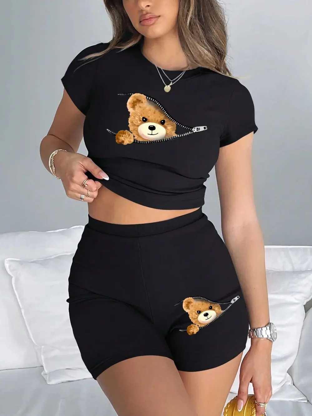 Women's Two Piece Pants 2 Pieces Set Women Slim Crop T-Shirts Shorts A Teddy Bear Emerged From The Zipper Prints Tops Sporty High Elastic Soft Cl