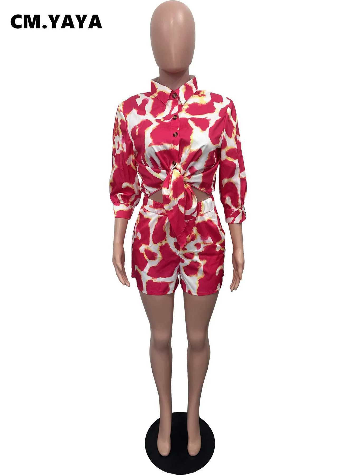 Women's Two Piece Pants CM.YAYA Womens Set Half Slve Print Shirt and Pencil Shorts Suit 2024 Autumn Active Strt Two 2 Piece Set Outfit Tracksuit 