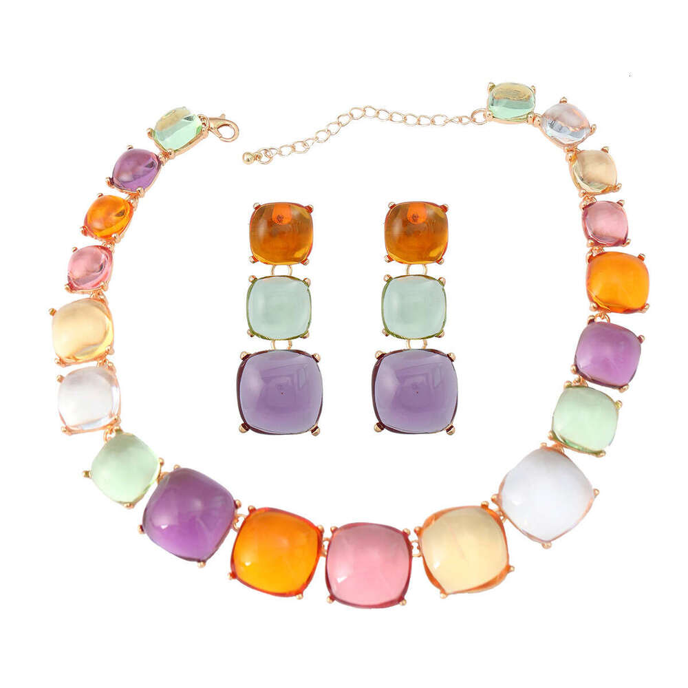 Earrings and Necklace Set Women's Square Alloy Resin Bohemian Ethnic Style Jewelry