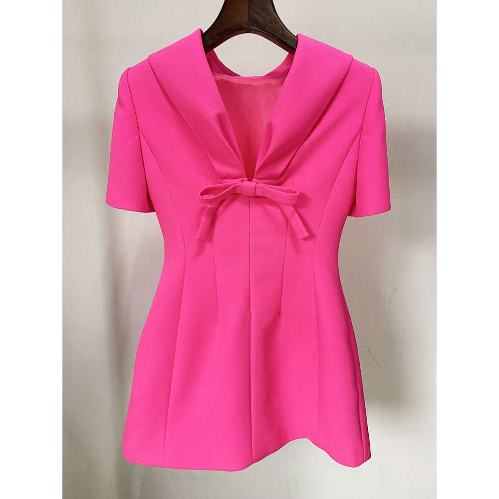 Skirt Set HIGH STREET Newest Fashion Designer Women's Eleagnt Short Sleeve Back V Bow Dress Hot Pink
