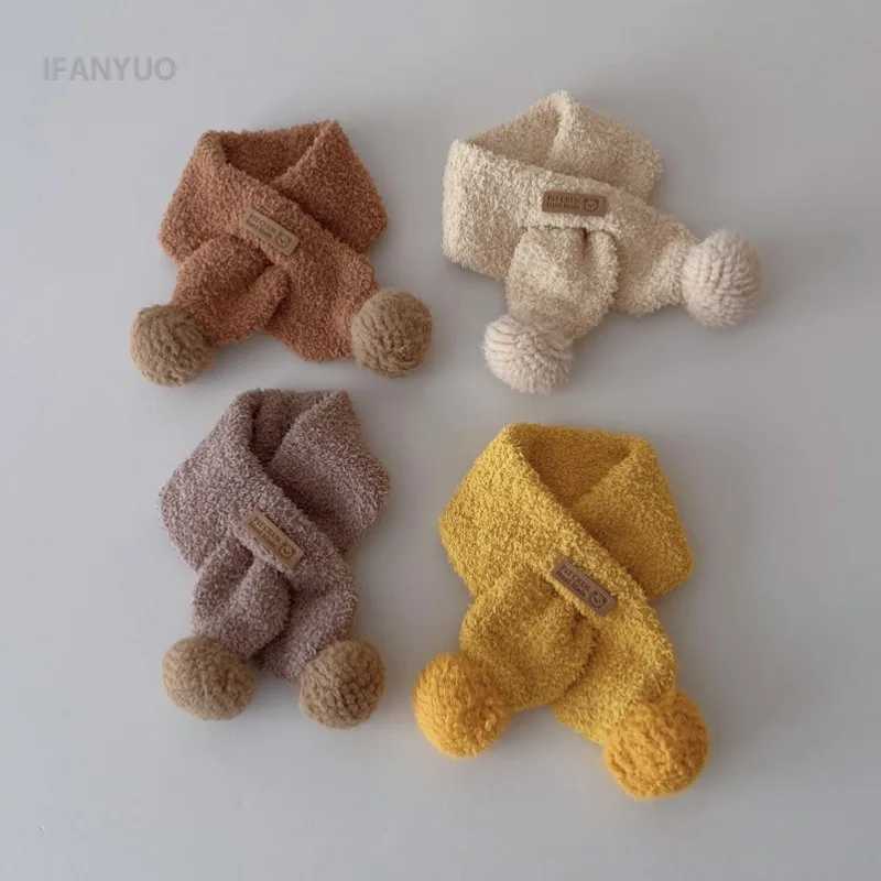 Scarves Wraps 0-8Y Childrens Bear Cross Scarf Boys And Girls Plush Ball Soft Breathablr Knitted Autumn Winter Solid Color Baby Warm Scarves H241213