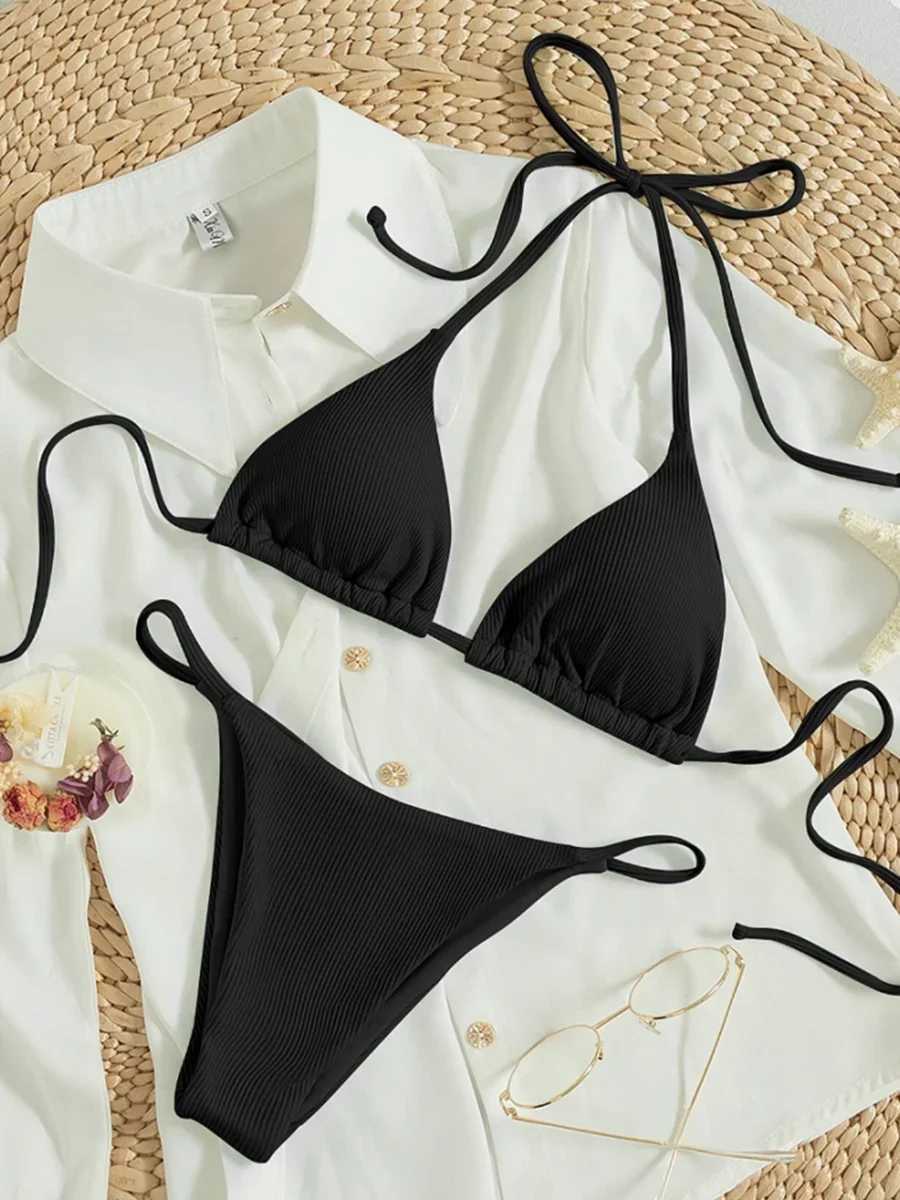 String Bikinis 2024 Women Sexy Triang Swimsuit Solid White Swimwear Fa Padded Bathers Bathing Swimming Swim Suit BeachwearXJ241212