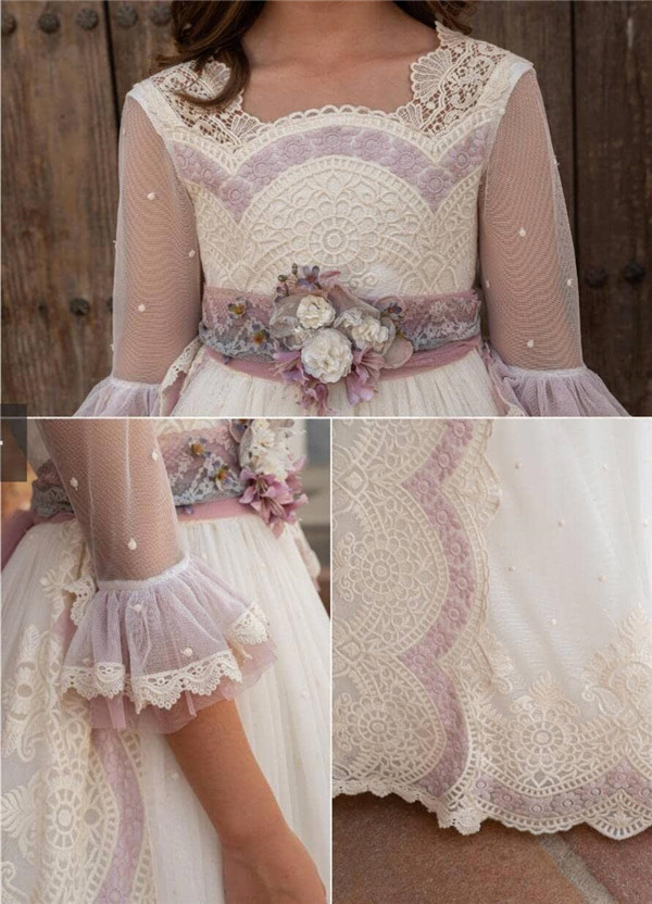 Romantic Lace Flower Girl Dresess Princess A Line Crew Neck Sheer Sleeves With Long Sash Backless Girls Formal Party Gowns Birthday Communion Wears BC