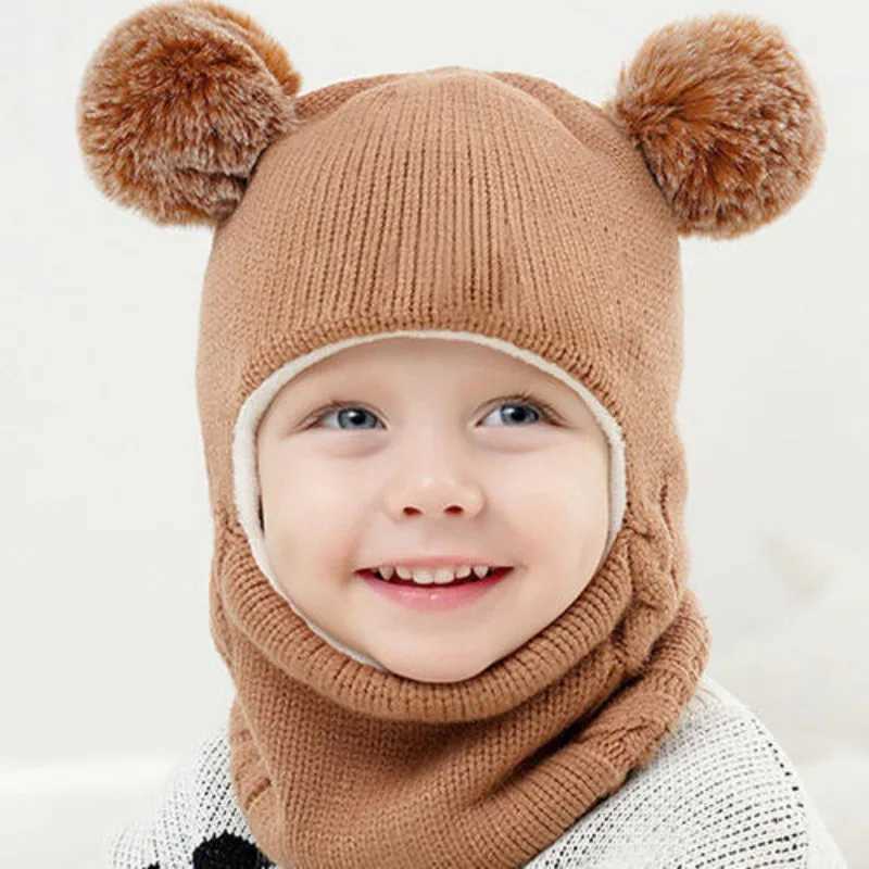 New Cute Balaclava Hats Children Double Balls One-piece Hat Scarf Boys Girls Autumn Winter Pompom Ball Wool Cap Gorros InviernoXJ241213