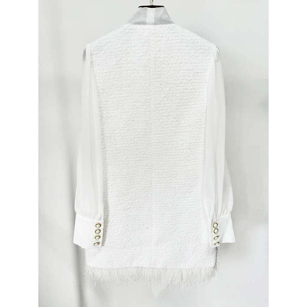 Skirt Set HIGH QUALITY Newest FW Designer Fashion Women's Long Sleeve Feather Chiffon Bow Patchwork Tweed Dress