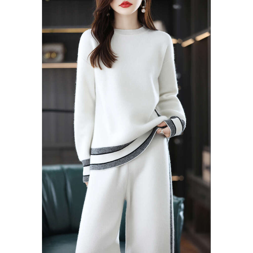 Ladies Suits 100% Merino Wool Women's O-Neck Pullover Autumn/Winter New Fashion Color Matching Casual Two-Piece Suit Female