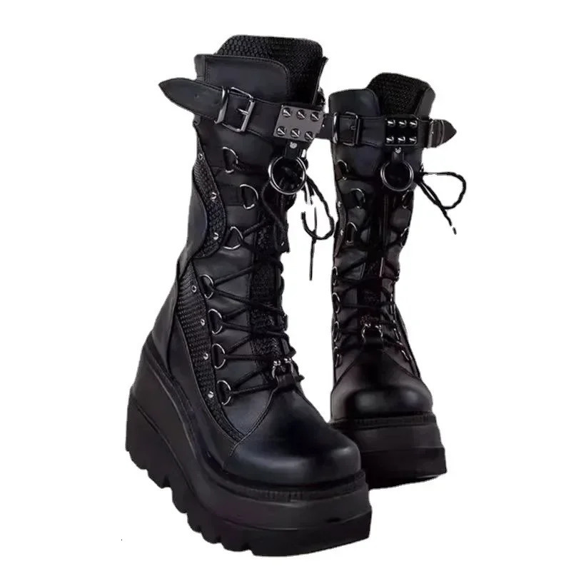 Womens Gothic Platform Boots Fashion Rivet Buckle Punk Wedge High Heels Womens Party Shoes Role Playing Womens Shoes 241213