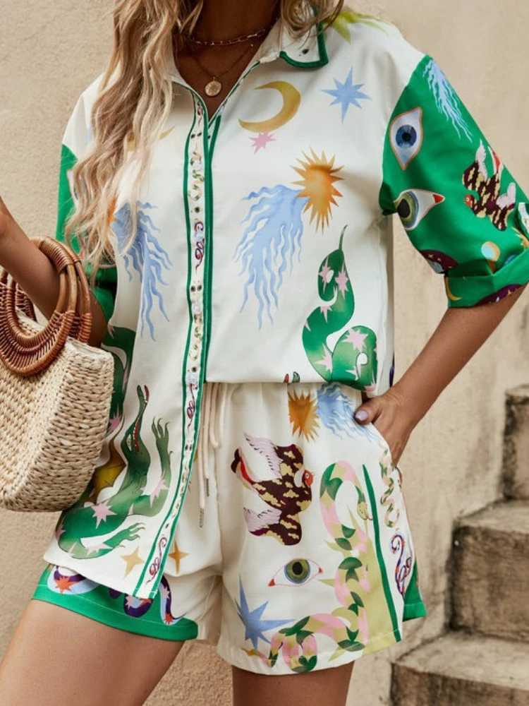 Women's Two Piece Pants 2024 Summer Fashion New Womens Elegant Printed Set Casual Single Breasted Collar Long Slved Shirt Short Two Piece Set Y24