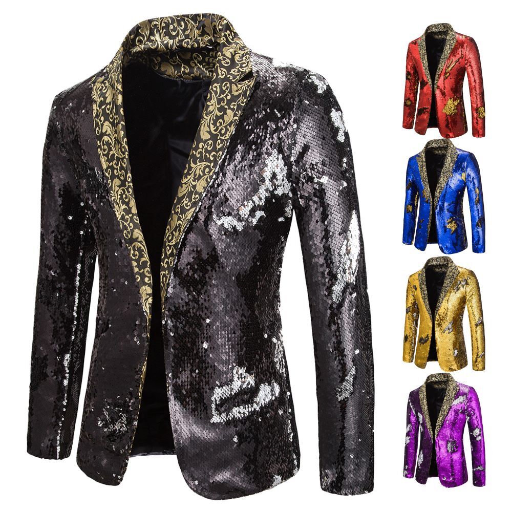 Shiny Two-Tone Sequin Shawl Collar Wedding Groom Singer Dance Sequin Suit Jacket DJ Club Stage Men's Suit