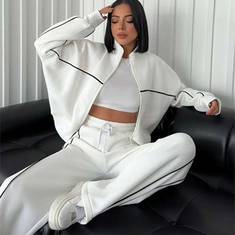 New Suit Sleeved Semi High Neck Cardigan Sweatshirt With Tie Up Stripes Long Pants Trendy Clothing Fashionable Casual Temperament