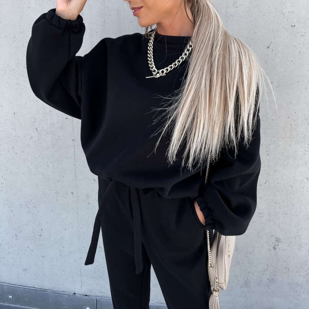 European American Foreign Trade Autumn And Winter New Solid Color Hoodie Two-Piece Set Trendy Clothing Fashion Casual Temperament