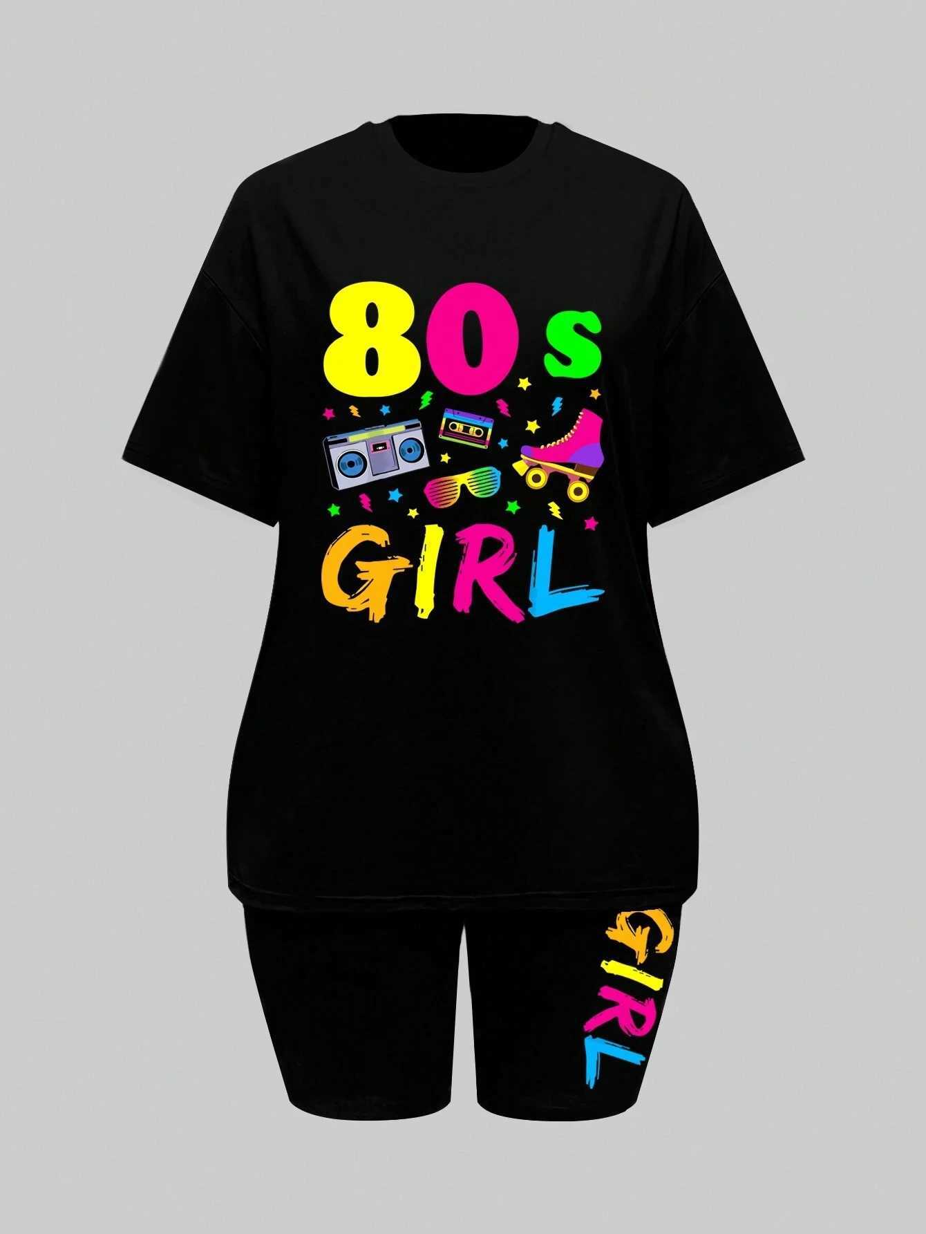 Women's Two Piece Pants 80 S Girl Colorful Printing Women T Shirts Two Piece Set Fashion Casual Short Sets Comfortable Breathable Shirt Shorts Fe