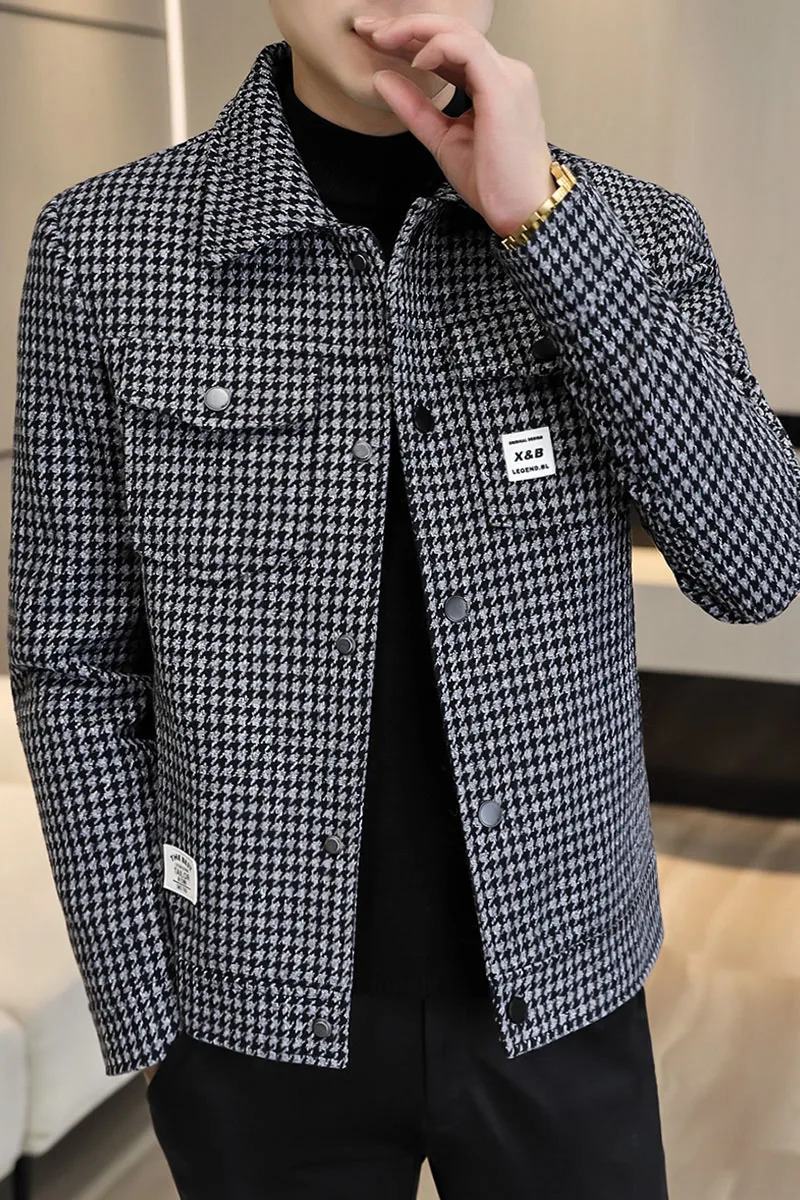 High Quality Plaid Woolen Jacket Men Autumn Winter Casual Business Short Trench Coat Social Overcoat Streetwear Windbreaker 241213