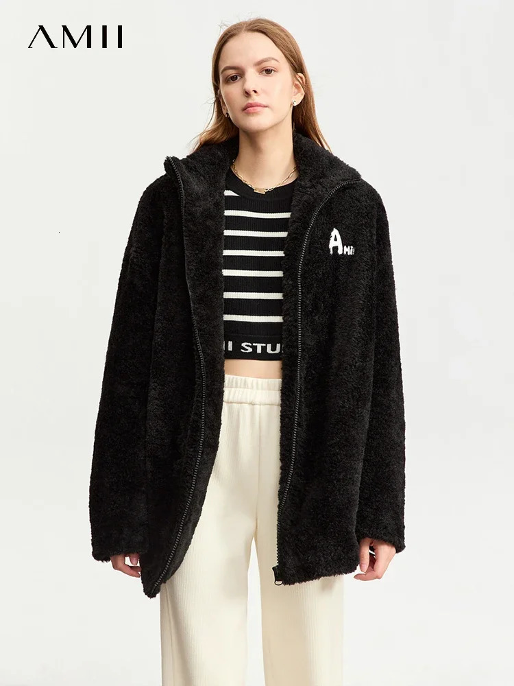 AMII Womens Jackets Lapel Lamb Wool Letter Embroidery Zipper Coat Loose Winter Outerwear Streetwear 12344278 241213