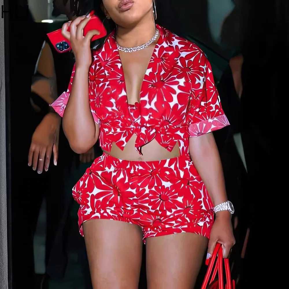 Women's Two Piece Pants HLJ Red Summer New Flowers Print Two Piece Sets Women Dp V Short Slve Bandage Crop Top+Shorts Outfits Female 2pcs Tracksu