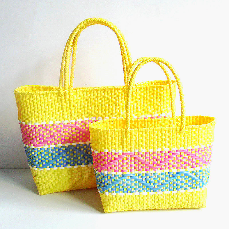 Plastic Woven Women's Handbag Handmade Bohemia Storage Basket Contrast Tote Designer Summer Beach Bag Female Shoulder Bags