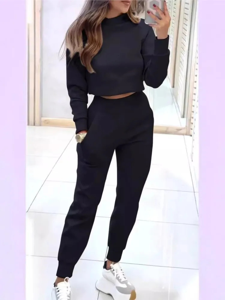 Autumn Winter High Neck Slim Fit Long Sleeve Short Women Solid Color Suit Elegant Fashion Pocket Petite Pants 2 Piece Set Female 241203