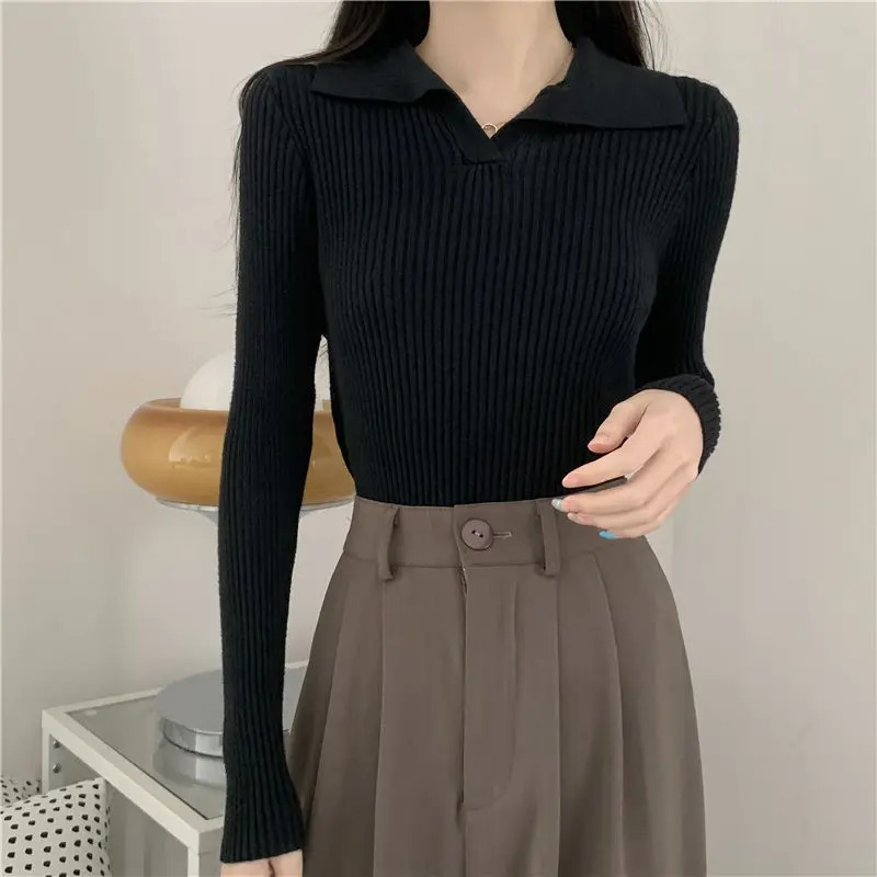 Autumn Winter Women Lapel Pullover Sweaters Basic Long Sleeve Knitted Sweater for Woman Solid Color Jersey Tops Clothes Mujer 241203