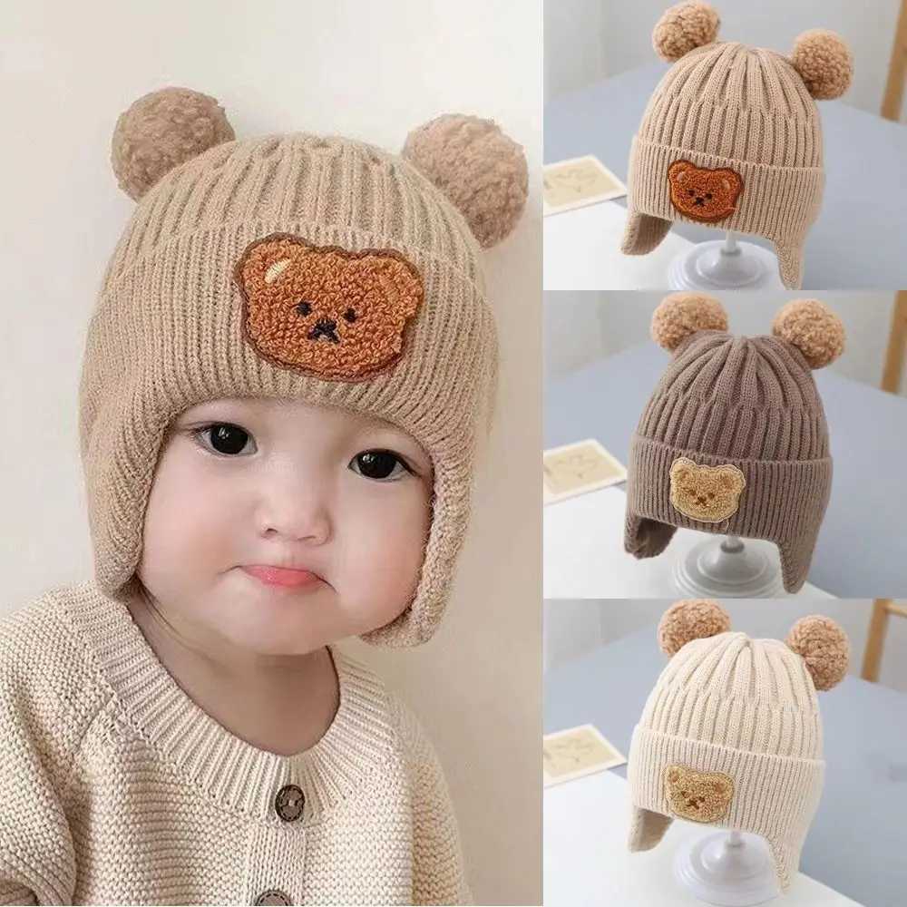 Bear Ear Protection Knitted Hat Winter Baby Beanie Cap for Toddler Boys Girls Cute Korean Warm Kids Crochet HatsXJ241213