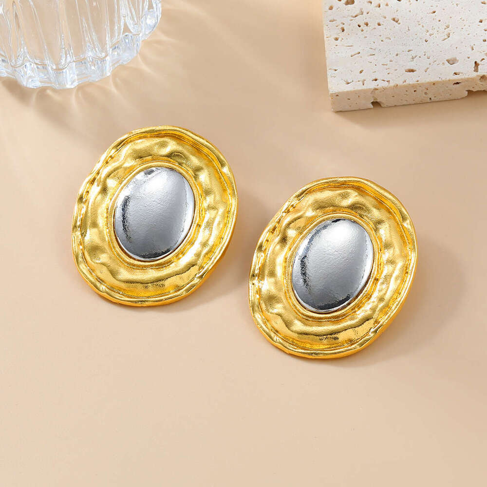 Summer New Alloy Exaggerated Women's Round Metallic Gold Sier Color blocked Earrings