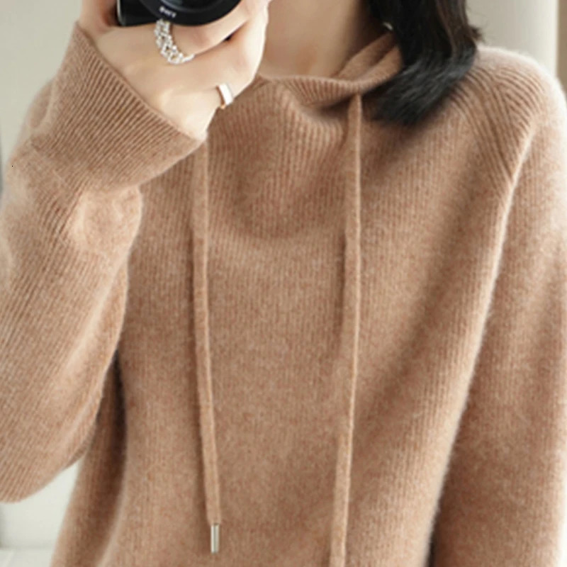 Winter Womens Knitted Cashmere Pullover Fashion Wool Sweater Hooded Neck Long Sleeve plane Soft warm highquality Basics Tops 241203
