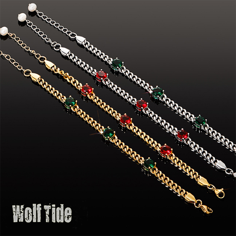 Wolf Tide New In Multicolor Stainless Steel Cuban Link Chain Bracelets For Men And Women Green Red Diamond 18k Gold Plated Curb Chains Choker Bijoux P