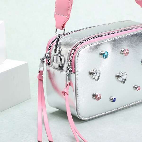 Retro camera women's trendy dia studded shiny versatile small square niche popular sier crossbody bag, 2024 new casual fashion trend clothing