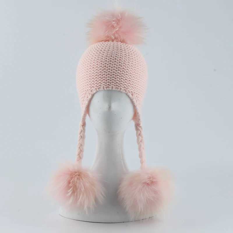 Winter Baby Beanie Hat Children Earflap Cap Kids 3 Pompom Fur Wool Hat Natural Real Fur Pom Hat For Girls BoysXJ241213