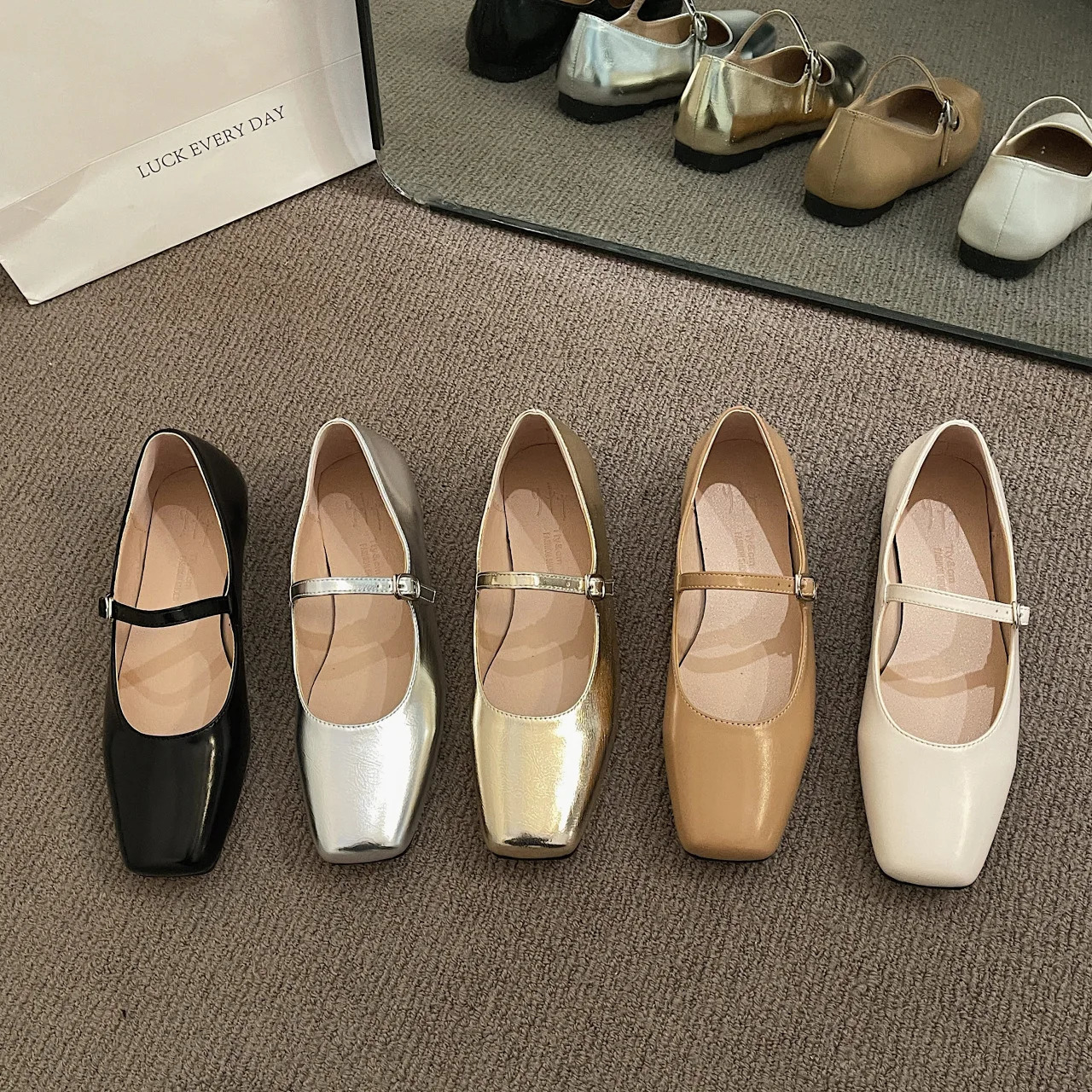 Antumn Square Toe ballet shoes fashionable low boots Mary Jane shoes casual silver shallow button soft soled shoes Zapatos De Mujer 241213