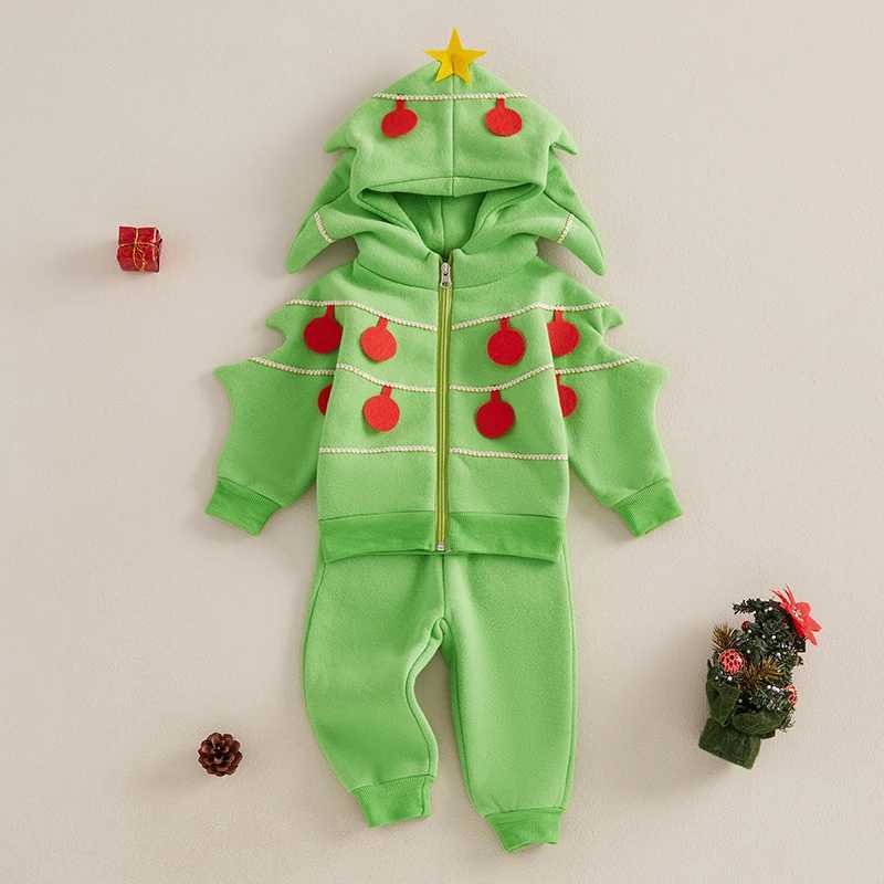 Pudcoco Baby Boys and Girls Autumn Clothing Christmas Tree Zipper Long Sleeve Hoodie Sportswear Elastic Pants 2-piece Set Preschool Clothing 1-6T W241