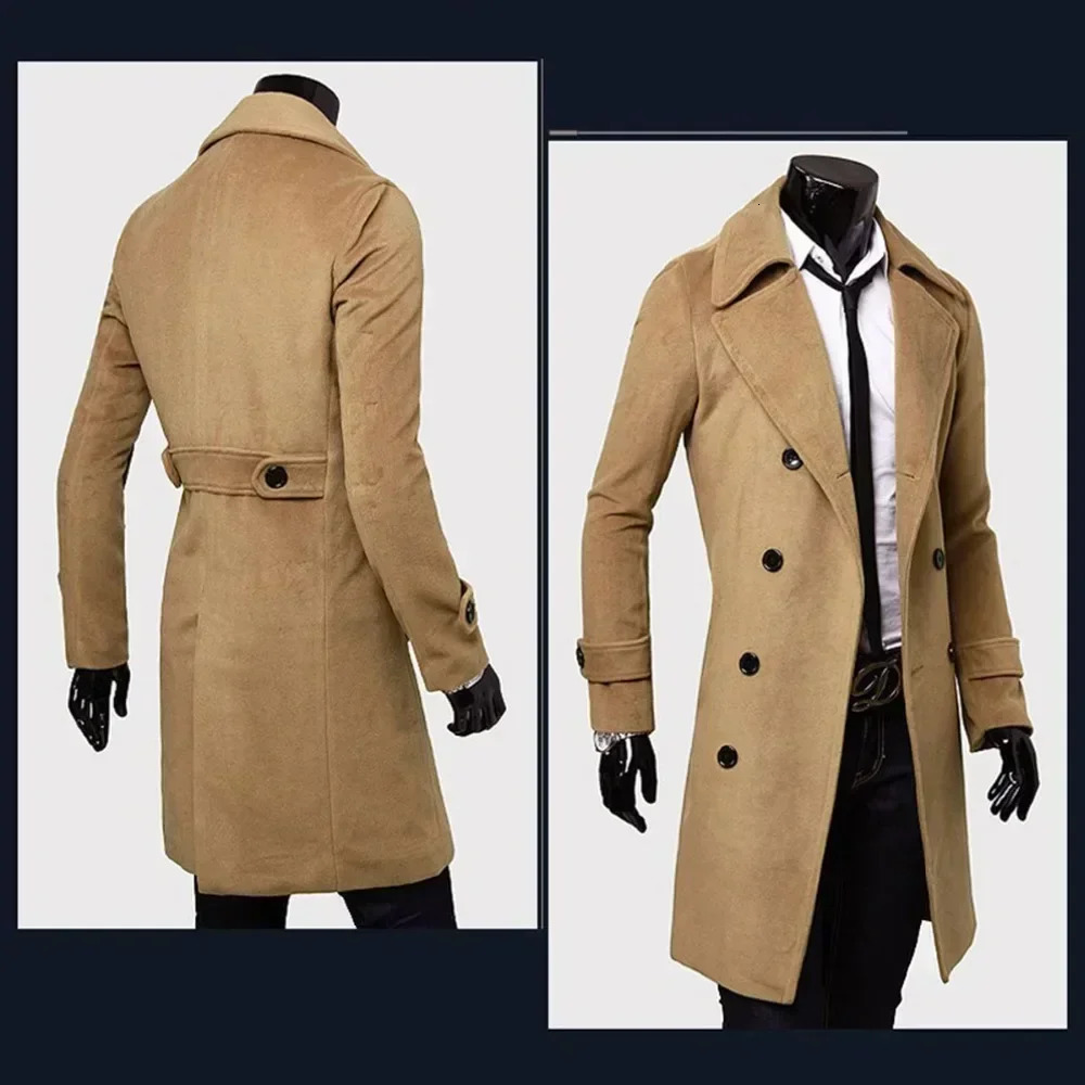 Mens Double Breasted Trench Coat Wool Blend Autumn Winter Solid Casual Slim Fit Long Jacket Fashion Clothing 241213