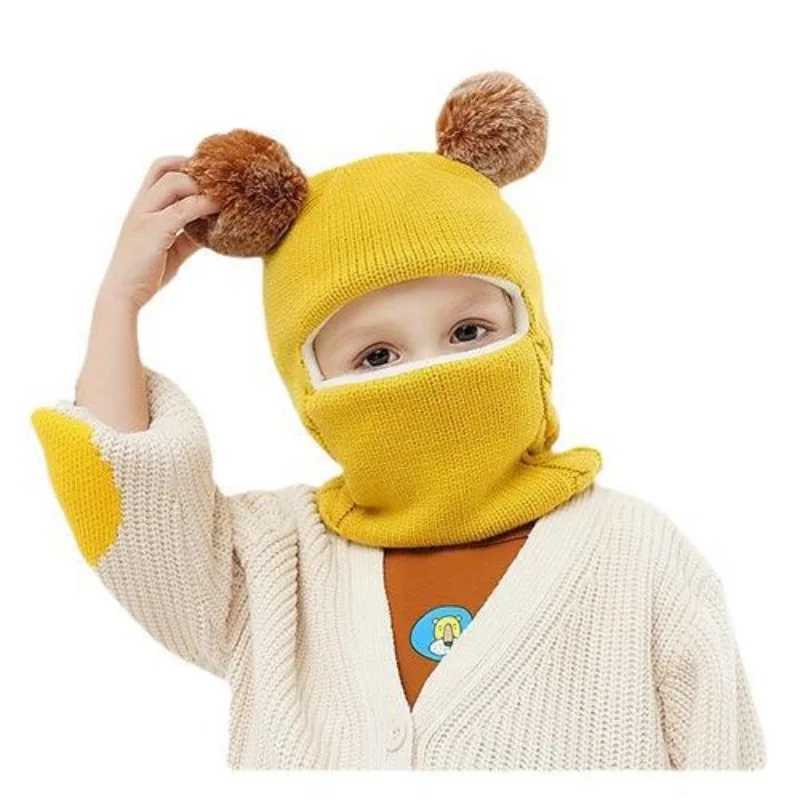 New Cute Balaclava Hats Children Double Balls One-piece Hat Scarf Boys Girls Autumn Winter Pompom Ball Wool Cap Gorros InviernoXJ241213