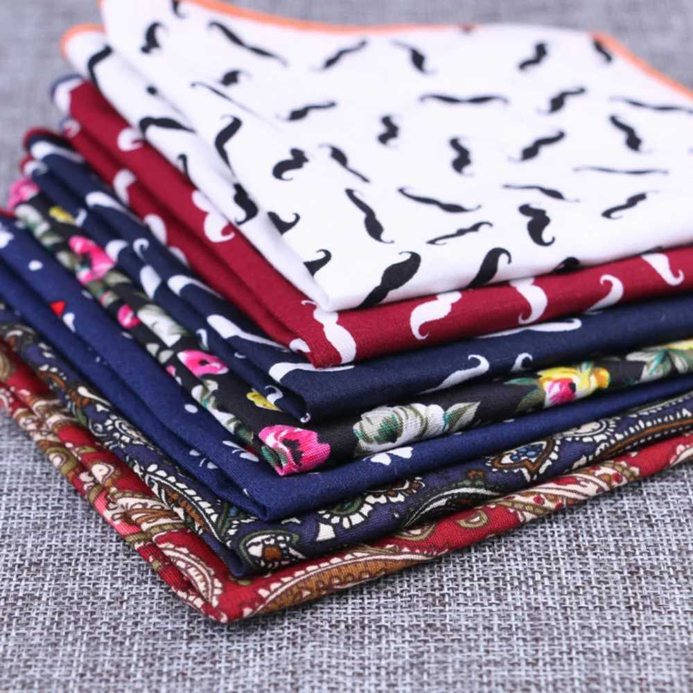 Fashion Cotton Pocket Square Flower Beard Paisley Print Handkerchief White Navy Square Towel Hanky Wedding Chest Tie Accessories W241213