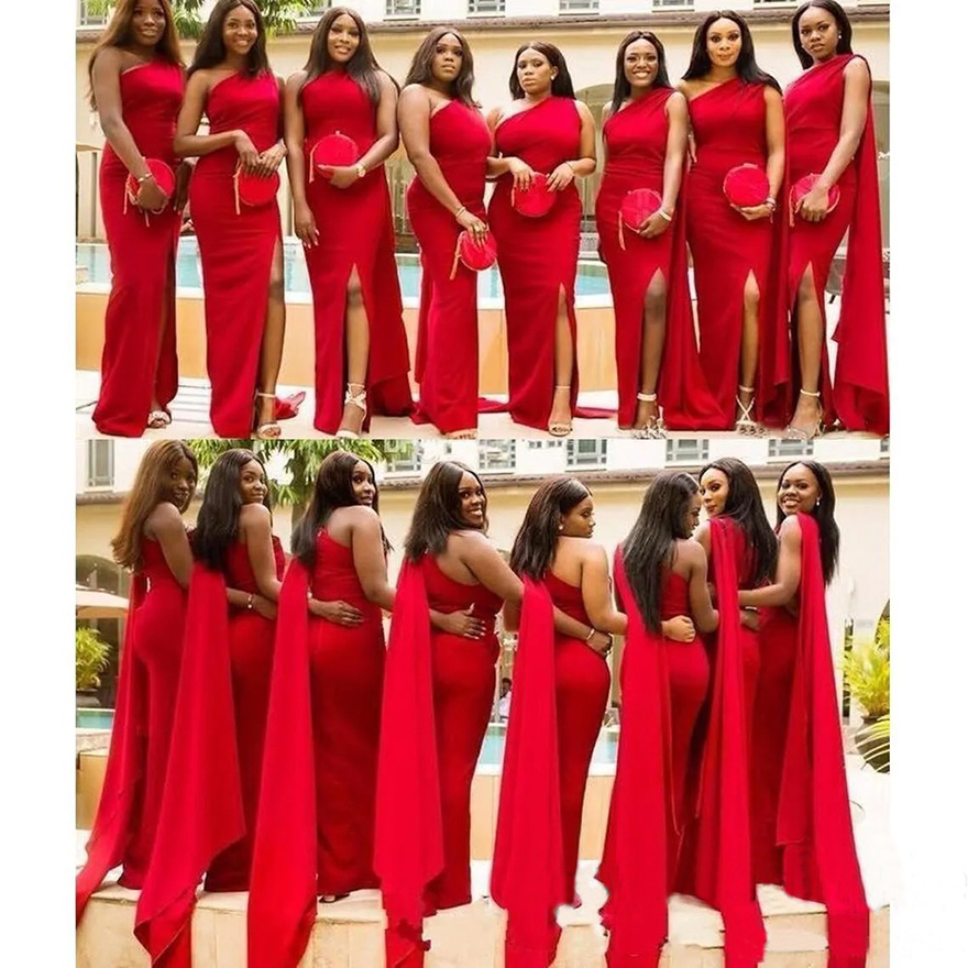 Arabic Red Mermaid Bridesmaid Dresses Elegant One Shoulder Side Split Plus Size Wedding Guest Dress African Maid of Honor Gowns