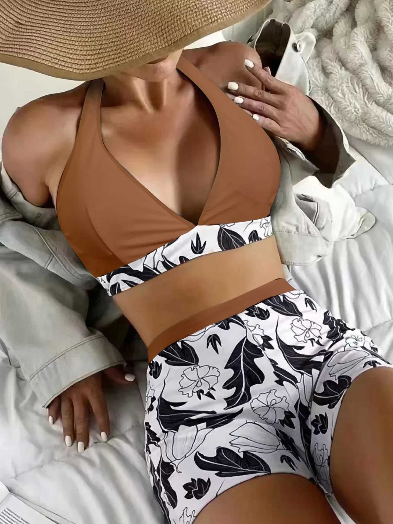 Dolphin Halter Two Piece High Waist Bikini 2024 Print Swimsuit Women Sexy Swimwear Fa Bathing Swimming Suit BeachwearXJ241212