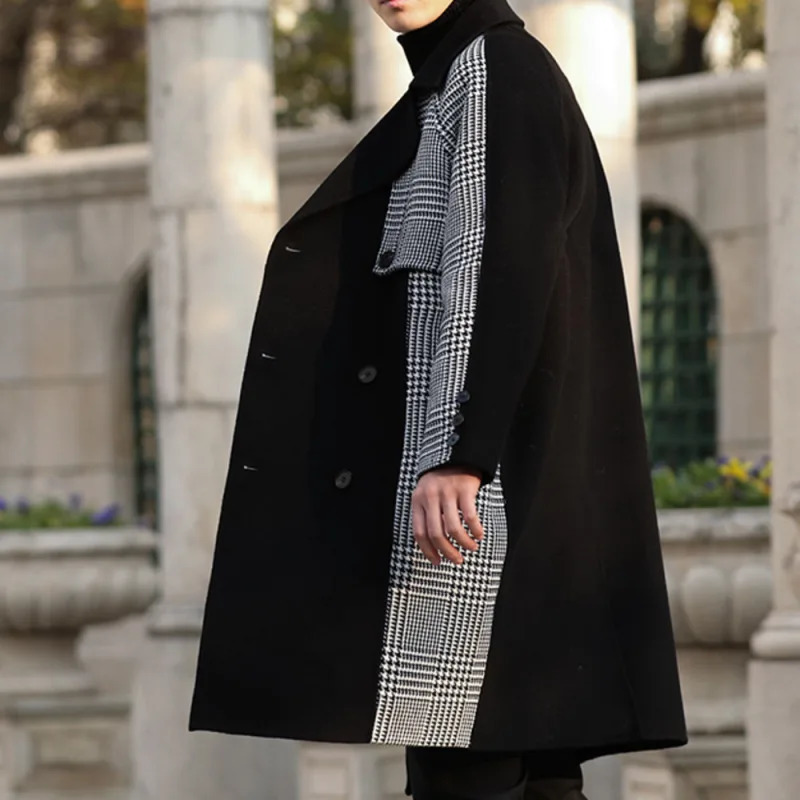 Double Sided Cashmere Coat Mens Thousand Bird Lattice Stitched Winter Medium Long Wool Blend Cloth Thickened Trench 241213
