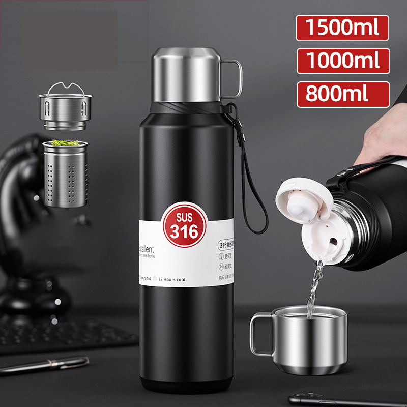 Large Capacity 316 Stainless Steel Thermos Cup, Portable Vacuum Flask, Insulated Tumbler With Rope, Water Bottle, 1500Ml W260226