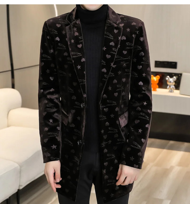 Blue Print Velvet Warm Coat ner Men Winter Wool Blends Jacket Trendy Slim Fit Long And For 241213